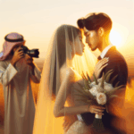 Couple au coucher du soleil avec leur photographe