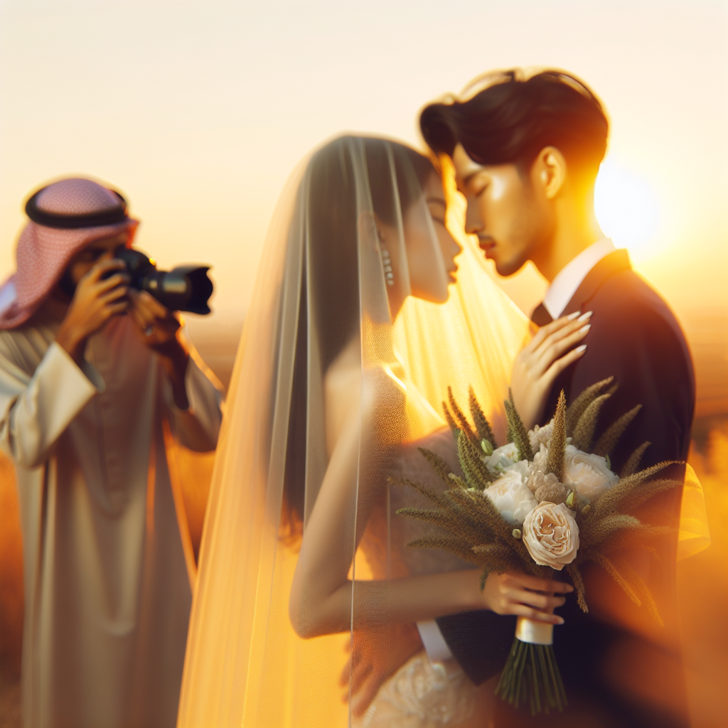 Couple au coucher du soleil avec leur photographe