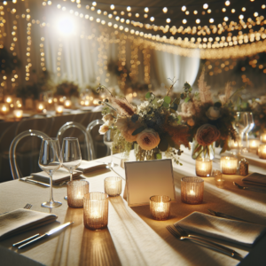 Décoration de mariage élégante avec lumière chaude et fleurs de saison